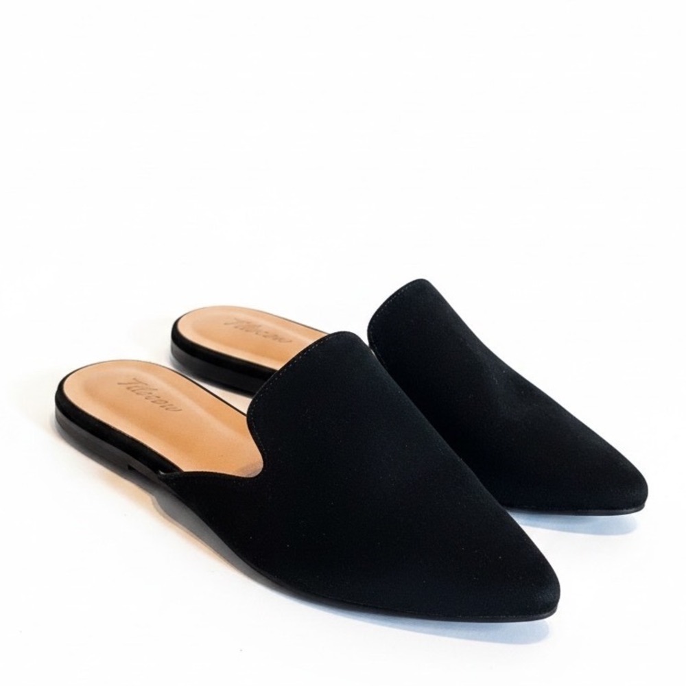 Tilocow Mules Size 10 Black Faux Suede Pointed Toe Backless Slides Minimalist
